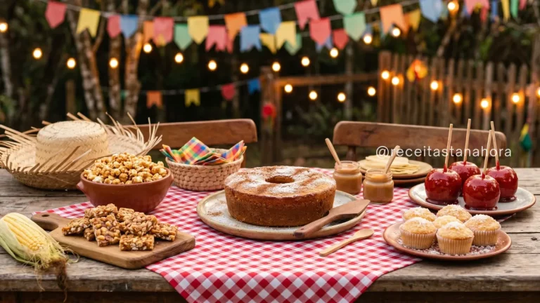 comidas típicas de festa junina com doces tradicionais brasileiros em mesa decorada