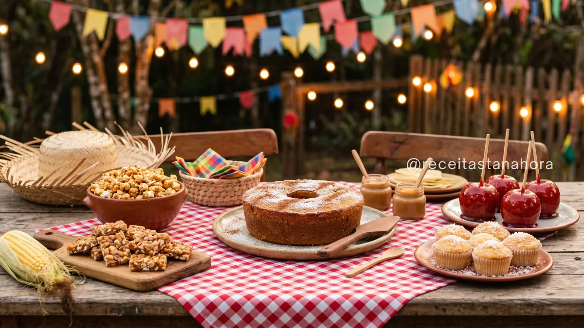 comidas típicas de festa junina com doces tradicionais brasileiros em mesa decorada