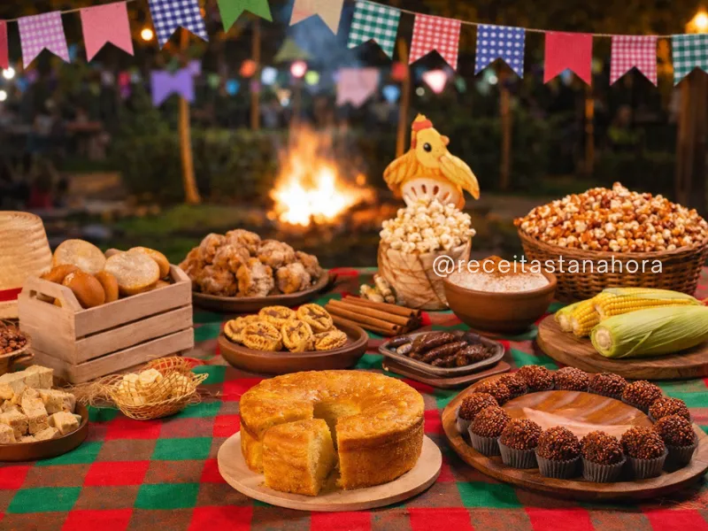 mesa decorada com bandeirinhas e doces juninos