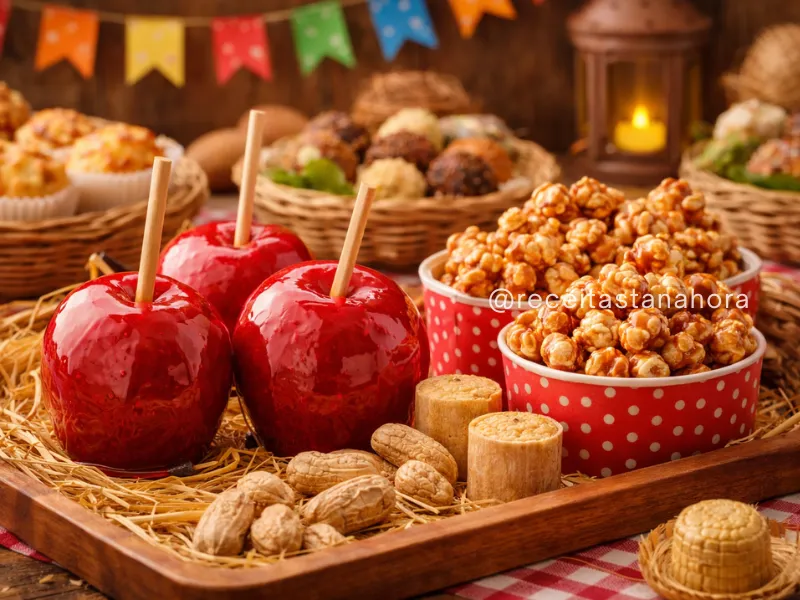 maçã do amor vermelha com pipoca doce caramelada