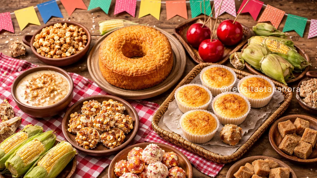 comidas típicas de festa junina com doces variados em mesa decorada