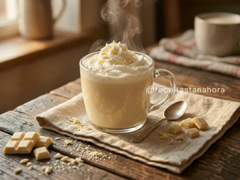 chocolate quente branco cremoso com chantilly e raspas de chocolate branco