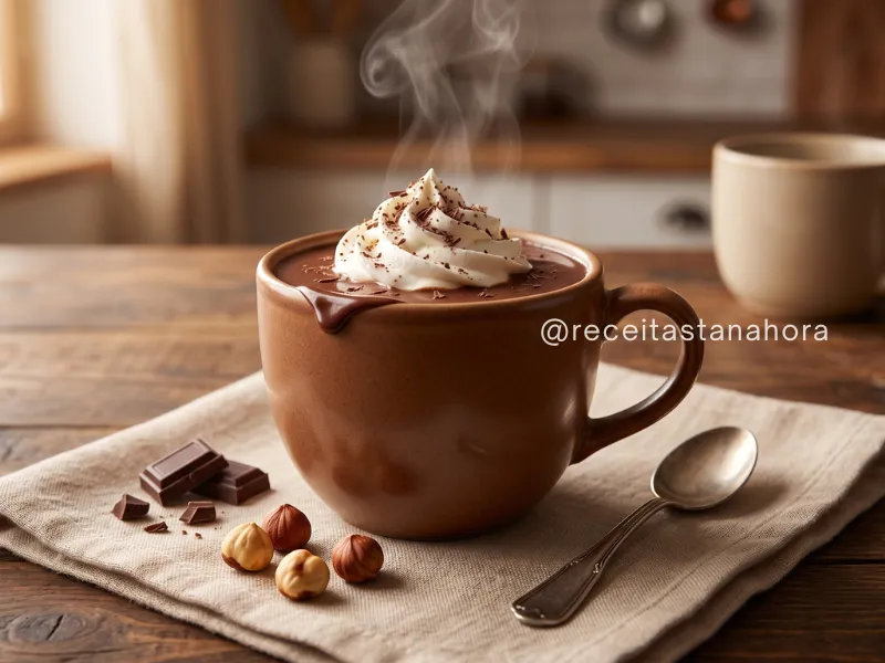 chocolate quente com nutella cremoso com chantilly e avelãs