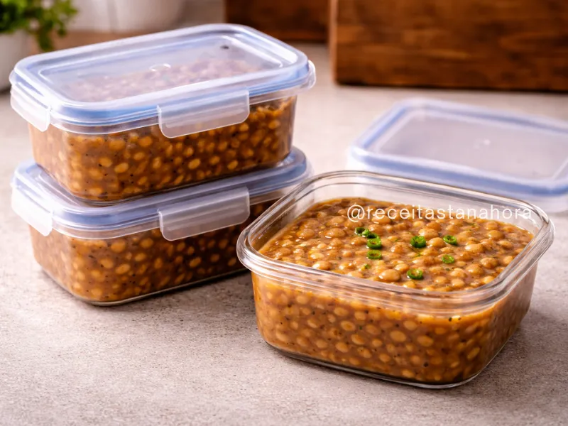 feijão cozido armazenado em potes fechados para geladeira ou freezer