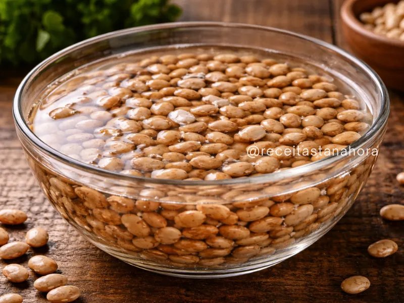 grãos crus de leguminosa de molho em água em tigela de vidro