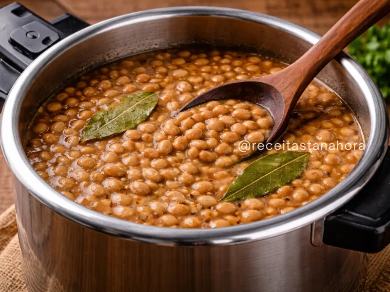 grãos cozinhando na panela de pressão com folhas de louro
