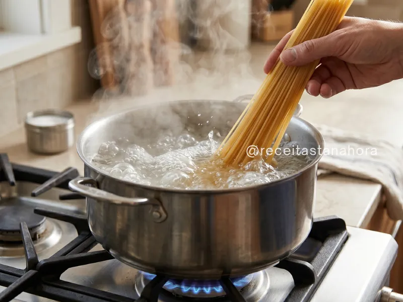 massa sendo colocada em panela grande com água fervendo para cozimento