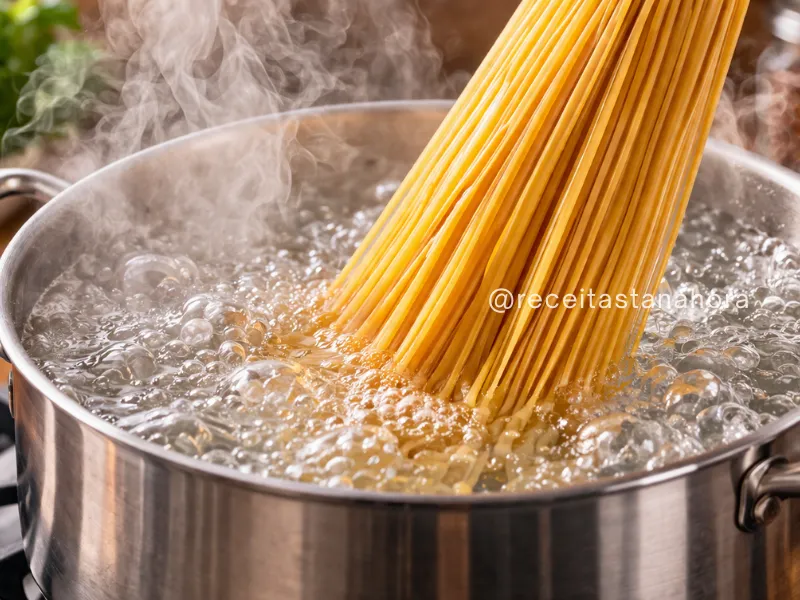 massa sendo colocada em panela grande com água fervendo para cozimento