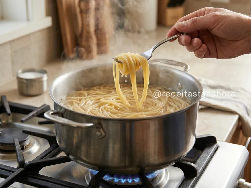 macarrão sendo testado com garfo para verificar o ponto de cozimento