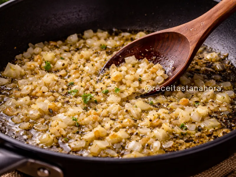 refogado de alho e cebola sendo preparado para temperar o feijão