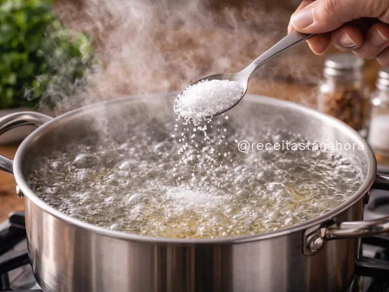 sal sendo adicionado em panela com água fervendo durante o preparo da massa