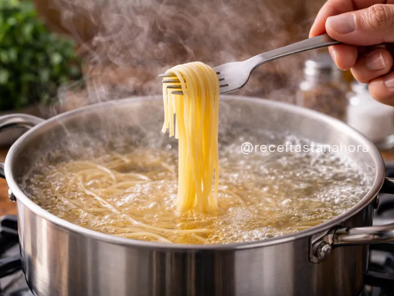 macarrão sendo testado com garfo para verificar o ponto de cozimento