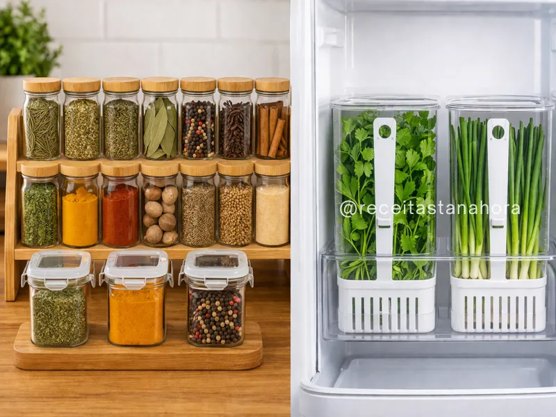 temperos secos organizados em potes e ervas frescas armazenadas corretamente na geladeira