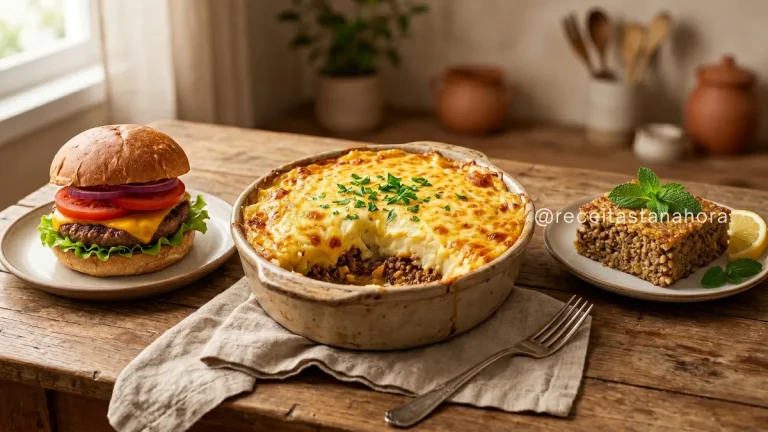pratos com carne moída incluindo escondidinho cremoso, hambúrguer caseiro e quibe assado tradicional em mesa rústica