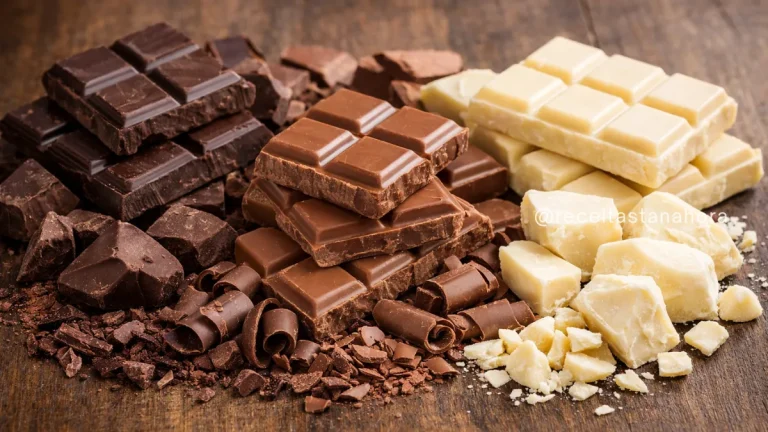 diferentes tipos de chocolate como amargo, ao leite e branco sobre mesa