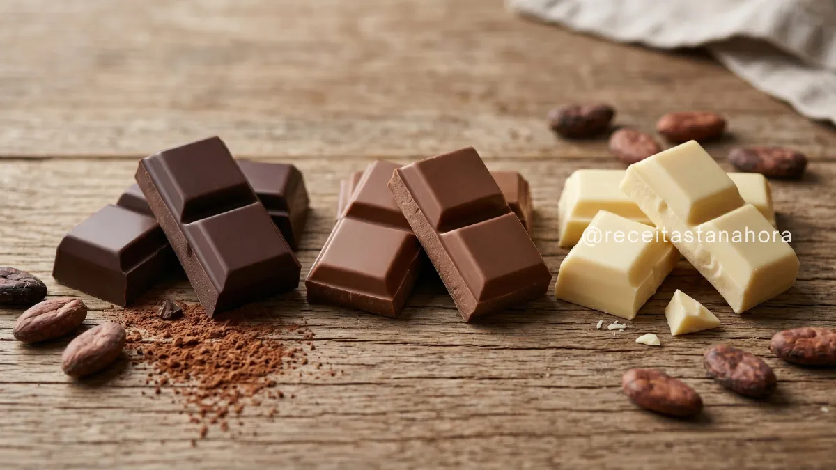 curiosidades sobre chocolate com diferentes tipos como amargo ao leite e branco com grãos de cacau