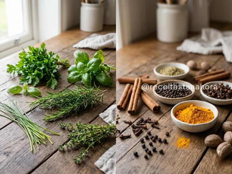 diferença entre ervas frescas e especiarias secas usadas na cozinha