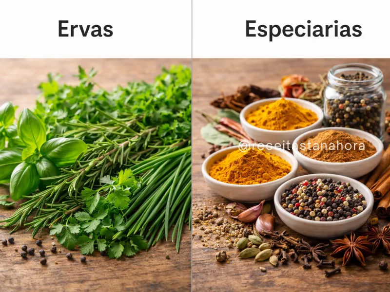 comparação entre ervas frescas e especiarias secas mostrando a diferença na cozinha