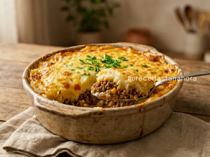 escondidinho de carne moída cremoso com purê gratinado e recheio suculento servido em travessa rústica