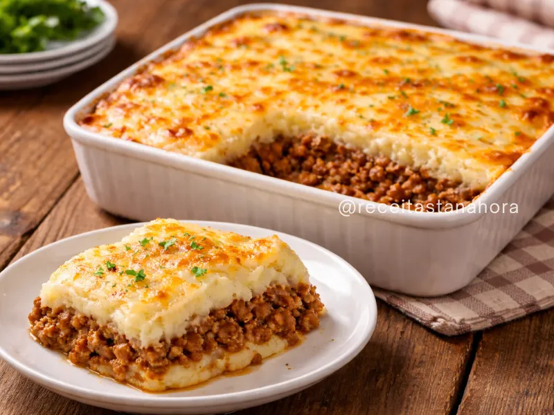 escondidinho de carne moída com purê de batata gratinado e recheio cremoso
