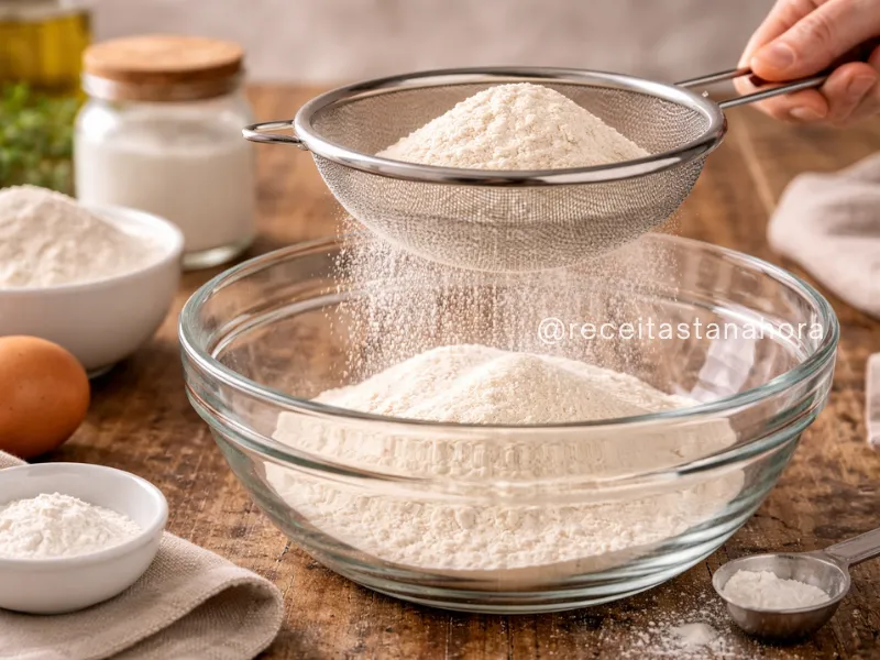 farinha sendo peneirada em tigela para preparo de massa de bolo mais leve