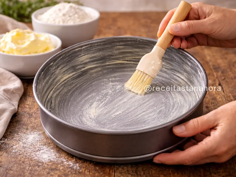 forma de bolo untada com manteiga de maneira uniforme pronta para assar