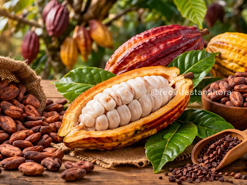 fruto do cacau aberto com sementes frescas