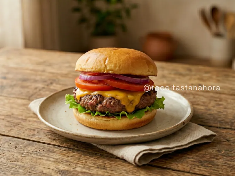 hambúrguer caseiro de carne moída com queijo derretido, alface, tomate e cebola servido em prato rústico