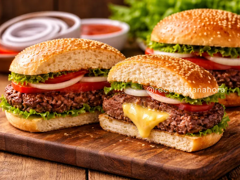 hambúrguer caseiro recheado com queijo derretido, alface, tomate e pão