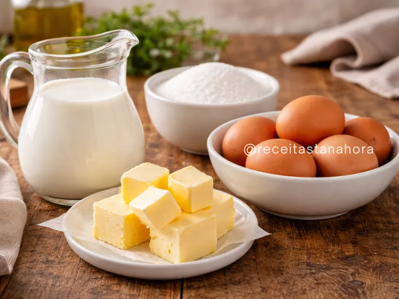 ingredientes para bolo como ovos, leite e manteiga em temperatura ambiente sobre a bancada