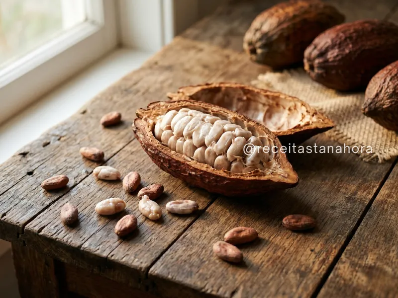 fruto do cacau aberto com grãos naturais sobre superfície rústica