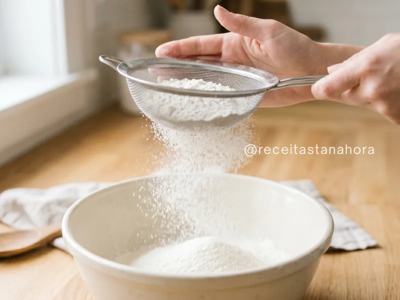 farinha sendo peneirada para deixar a massa de bolo mais leve