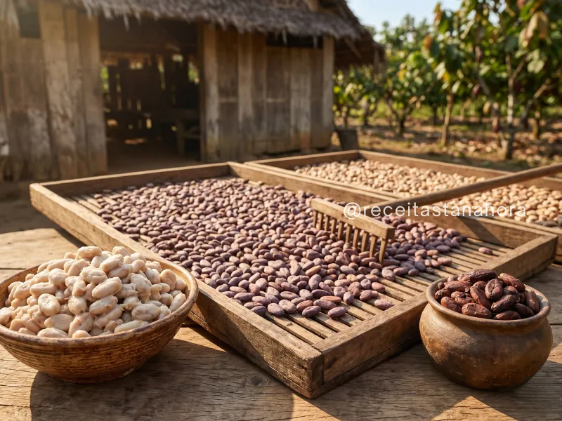 grãos de cacau sendo secos ao sol em bandejas de madeira com sementes frescas ao lado mostrando etapas iniciais da produção do chocolate
