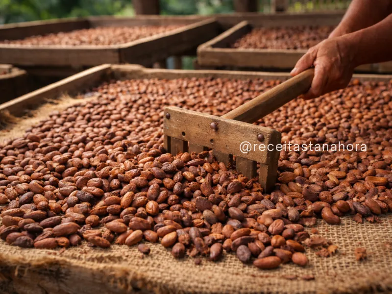 grãos de cacau sendo secos ao sol durante processo de produção do chocolate
