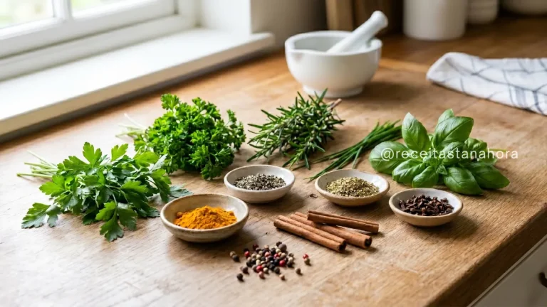 como usar temperos na cozinha com ervas frescas e especiarias naturais organizadas sobre a mesa