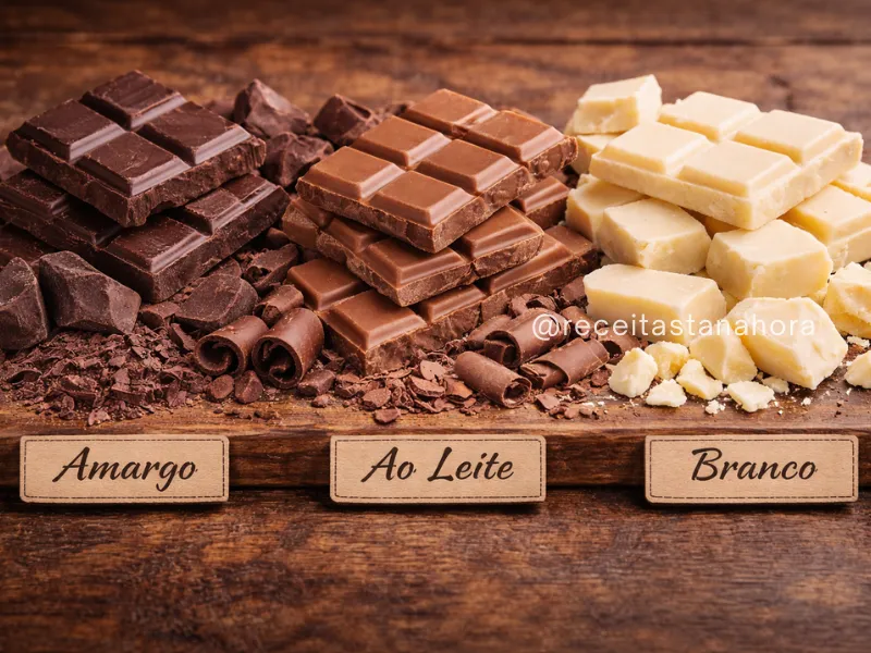 comparação entre chocolate amargo ao leite e branco mostrando diferenças de cor e textura