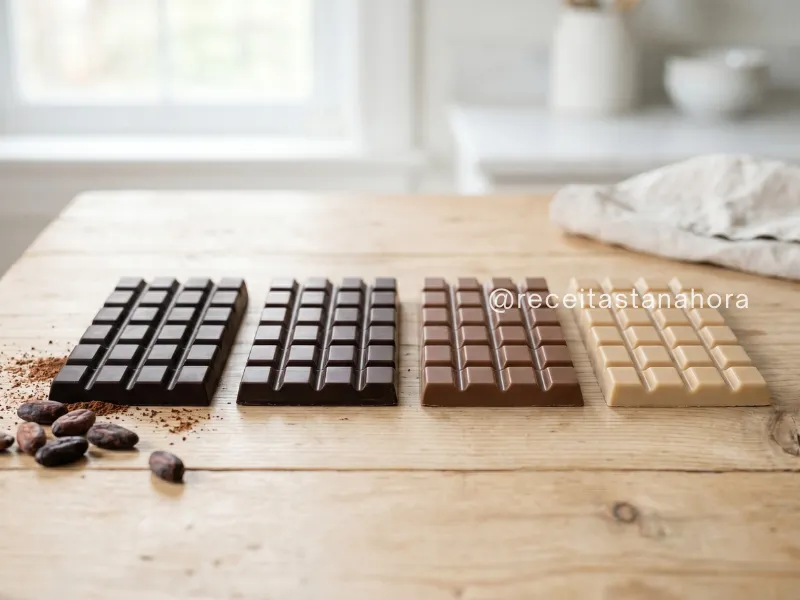 diferentes tipos de chocolate organizados lado a lado mostrando variação de cor entre versões mais intensas e mais suaves