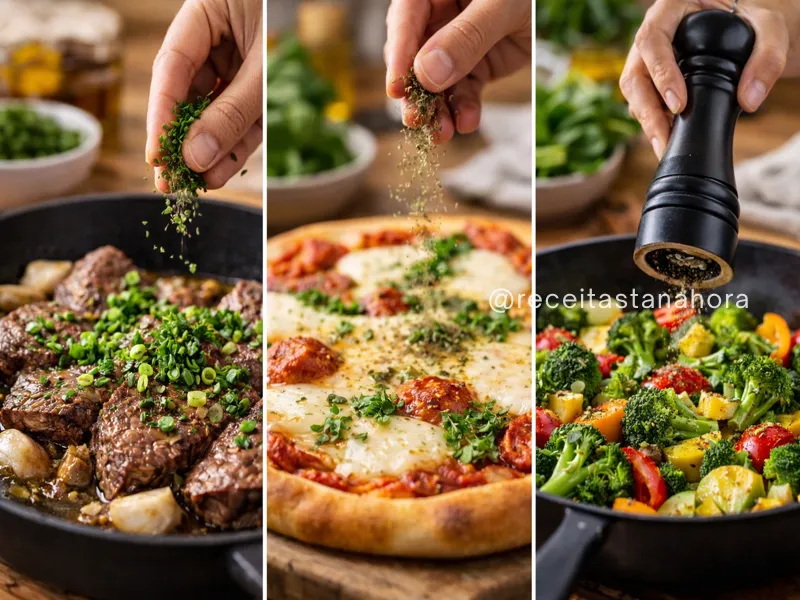 uso de temperos na cozinha com salsinha, cebolinha, orégano e pimenta em diferentes preparos