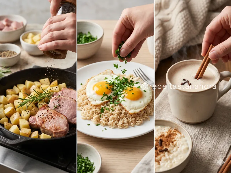 preparo de carnes com ervas, finalização de prato com temperos frescos e uso de especiarias em bebida quente