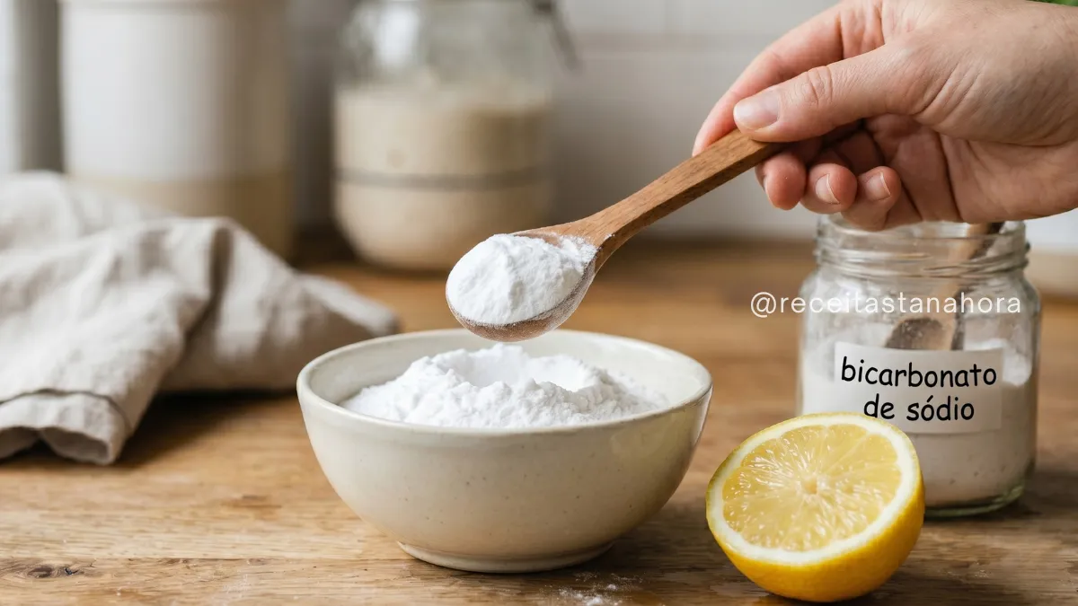 bicarbonato de sódio na cozinha com limão e utensílios mostrando diferentes usos no dia a dia