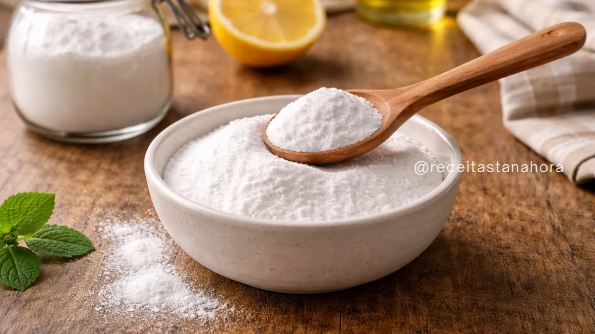 bicarbonato de sódio na cozinha sendo utilizado para limpeza e preparo de alimentos