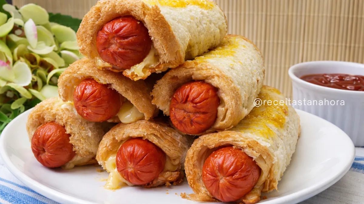 enroladinho de salsicha com pão de forma assado com queijo derretido