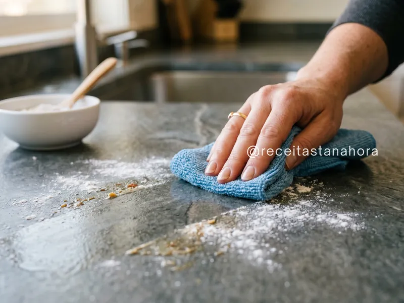 mão limpando bancada da cozinha com pano e bicarbonato de sódio removendo sujeira
