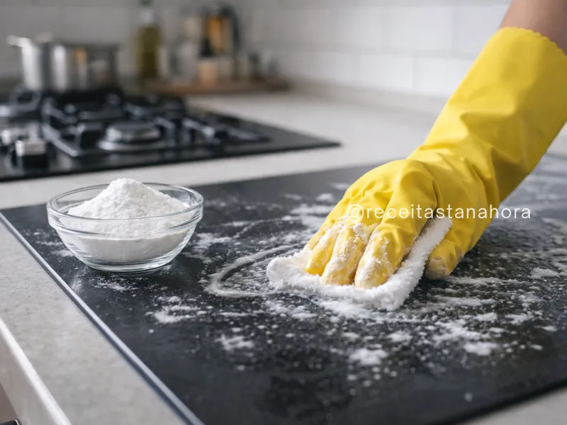 limpeza de fogão com bicarbonato sendo feita com pano e luva