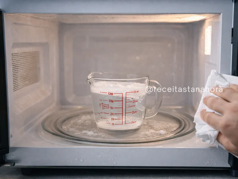 limpeza de micro-ondas com bicarbonato e água sendo realizada com pano