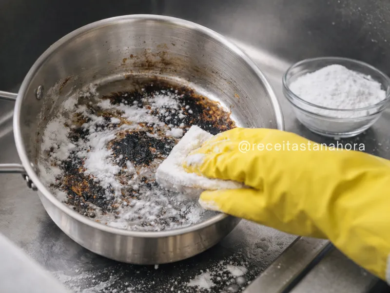 panela queimada sendo limpa com bicarbonato e esponja na pia