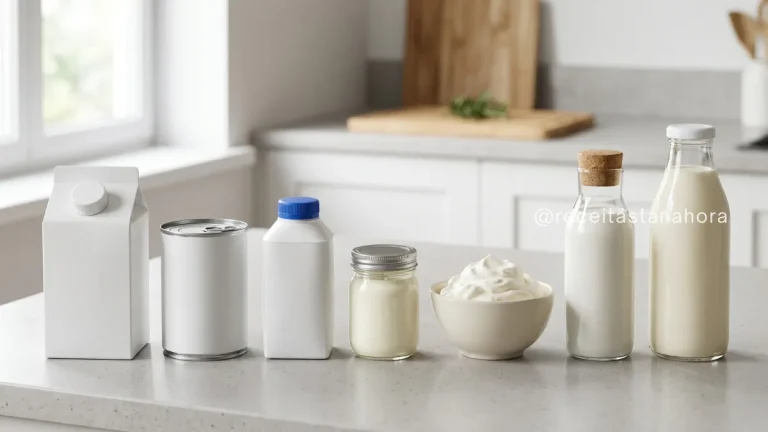tipos de creme de leite organizados sobre bancada de cozinha, incluindo creme de leite de caixinha, lata, fresco, chantilly e vegetal