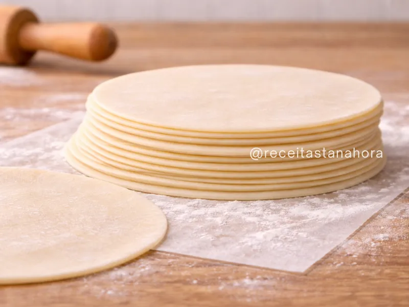 massa de pastel fina crua aberta e empilhada pronta para fritura
