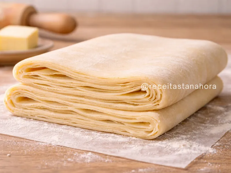 massa folhada crua com camadas de manteiga visíveis pronta para preparo
