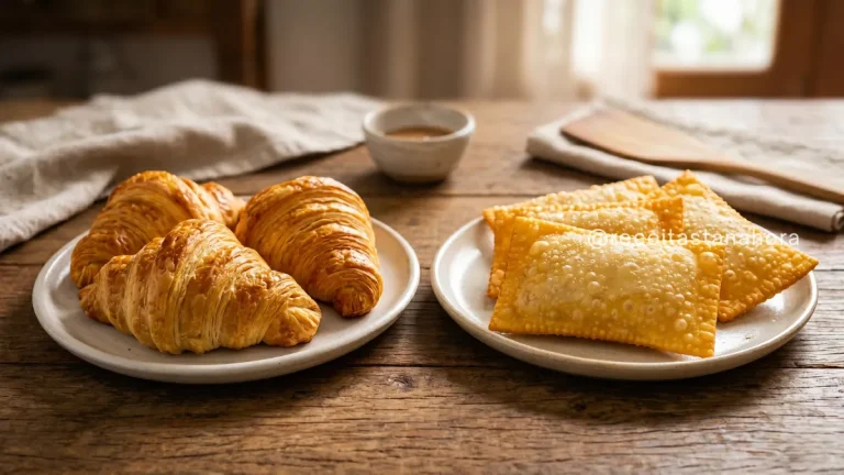 comparação entre massa folhada e massa de pastel com croissant e pastel mostrando diferenças de textura e preparo